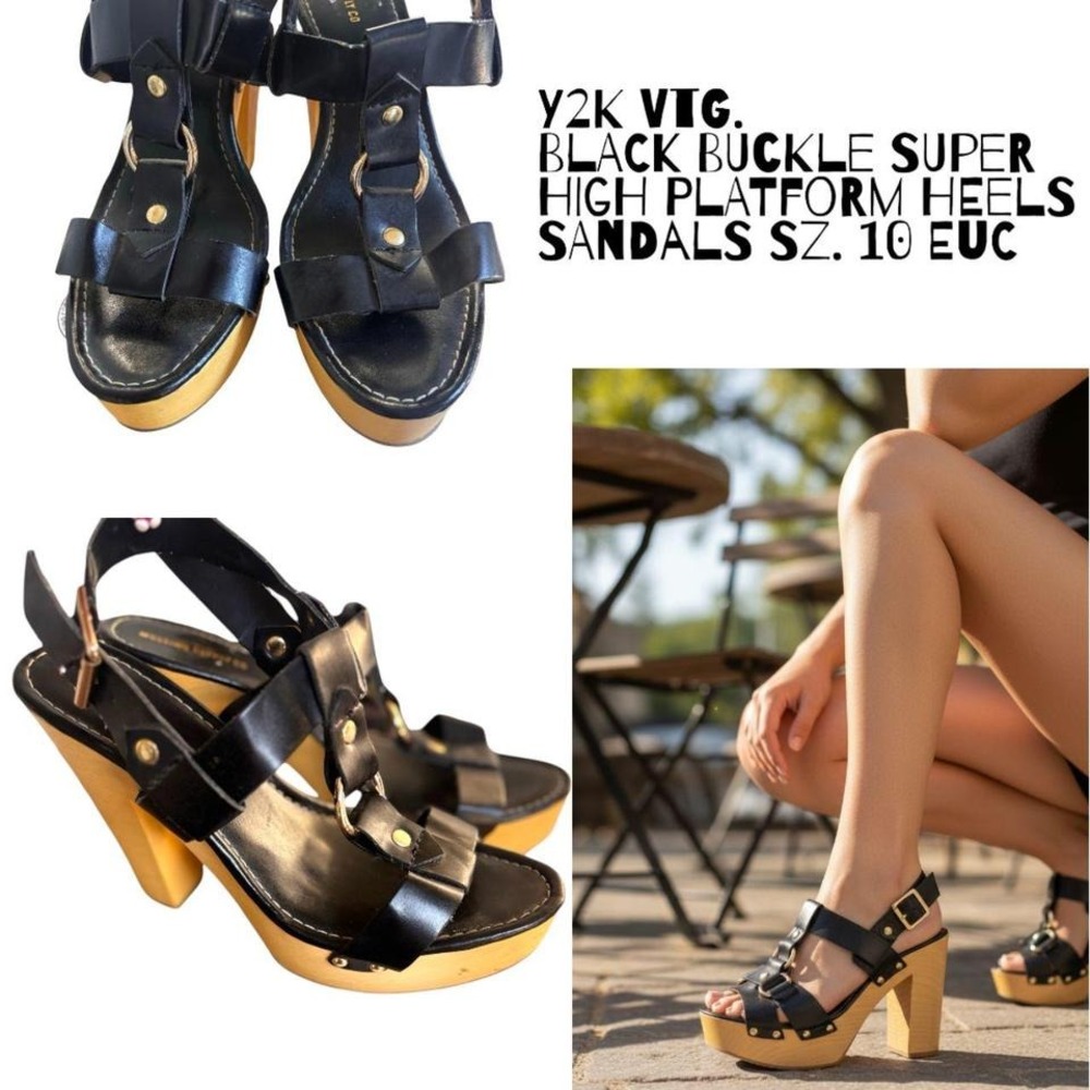 Y2K VTG. BLACK BUCKLE SUPER HIGH PLATFORM SANDALS HEELS‎ SZ. 10 EUC